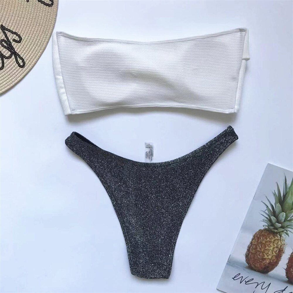 Błyszczący dwuczęściowy strój kąpielowy bikini typu bandeau